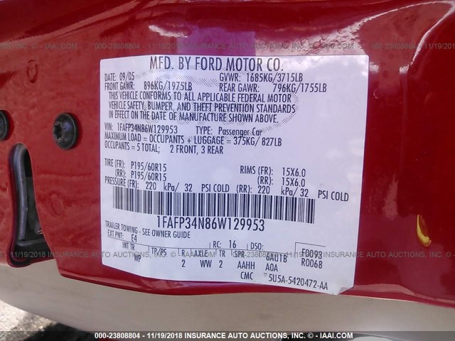 1FAFP34N86W129953 - 2006 FORD FOCUS ZX4 RED photo 9
