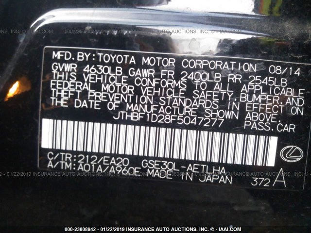 JTHBF1D28F5047277 - 2015 LEXUS IS 250 BLACK photo 9