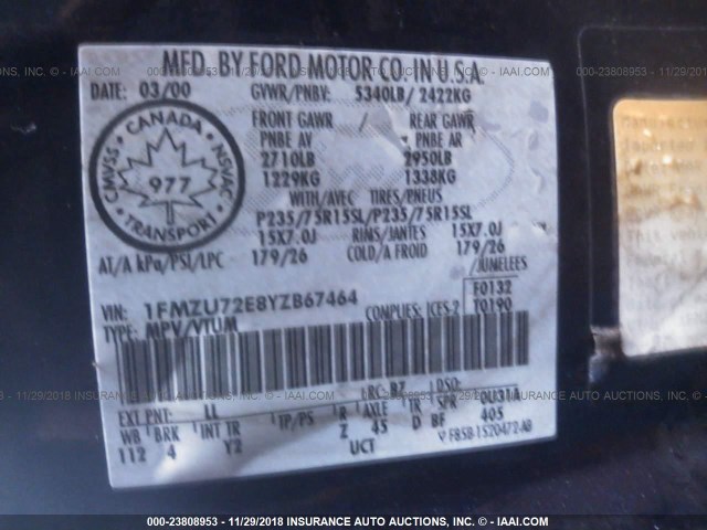 1FMZU72E8YZB67464 - 2000 FORD EXPLORER XLS BLUE photo 9