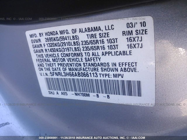 5FNRL3H66AB066113 - 2010 HONDA ODYSSEY EXL SILVER photo 9