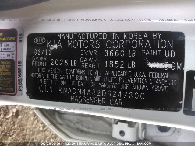 KNADN4A32D6247300 - 2013 KIA RIO EX/SX WHITE photo 9