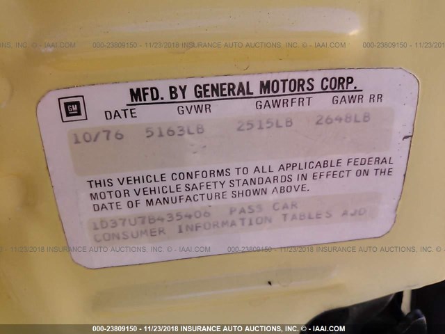 1D37U7B435406 - 1977 CHEVROLET MALIBU CLASSIC  YELLOW photo 9