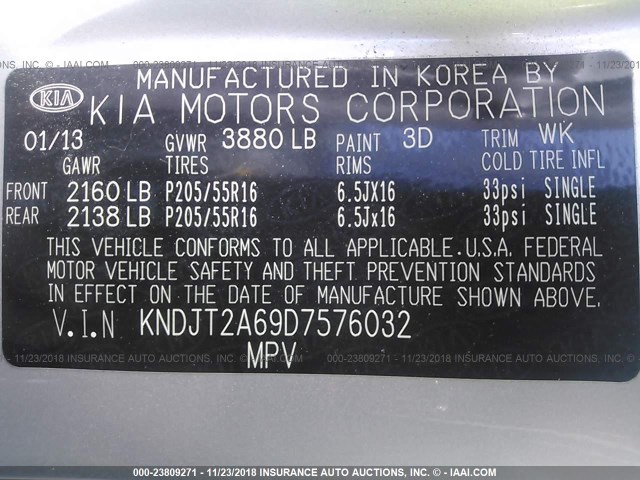 KNDJT2A69D7576032 - 2013 KIA SOUL +/!/SPORT SILVER photo 9