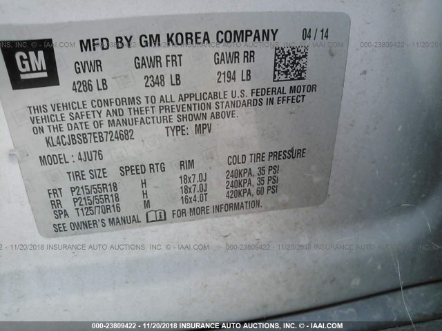 KL4CJBSB7EB724682 - 2014 BUICK ENCORE CONVENIENCE SILVER photo 9