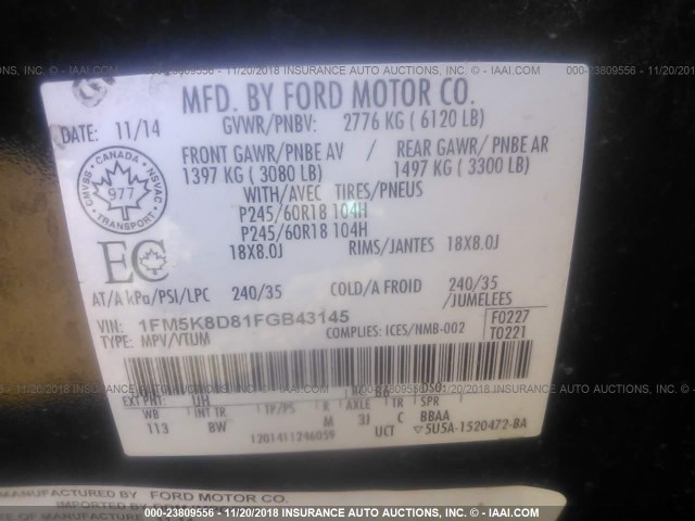 1FM5K8D81FGB43145 - 2015 FORD EXPLORER XLT BLACK photo 9