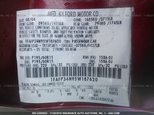 1FAFP34N95W187620 - 2005 FORD FOCUS ZX4 RED photo 9