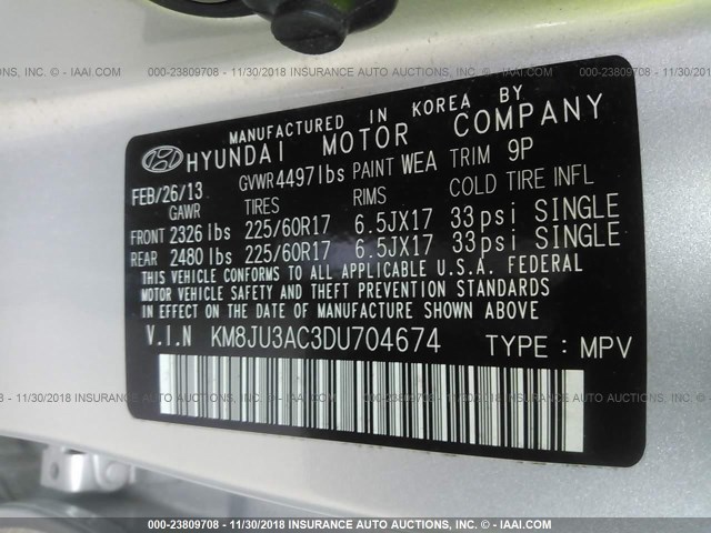 KM8JU3AC3DU704674 - 2013 HYUNDAI TUCSON GLS/LIMITED ვერცხლისფერი ფოტო 9