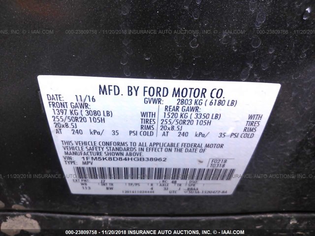 1FM5K8D84HGB38962 - 2017 FORD EXPLORER XLT SILVER photo 9