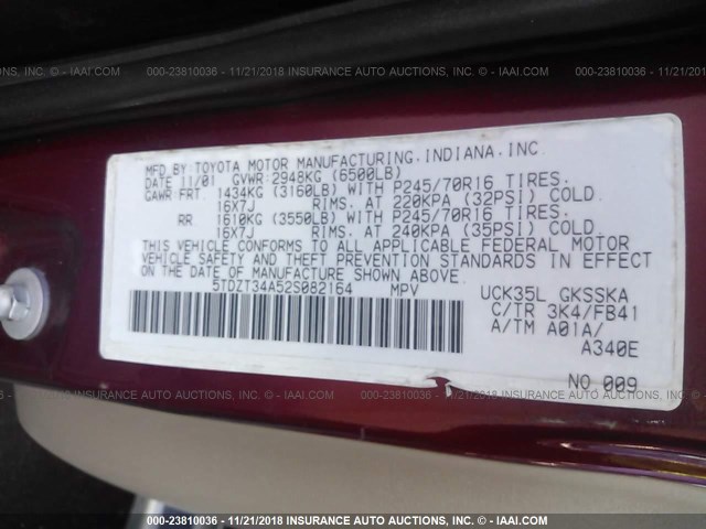 5TDZT34A52S082164 - 2002 TOYOTA SEQUOIA SR5 RED photo 9