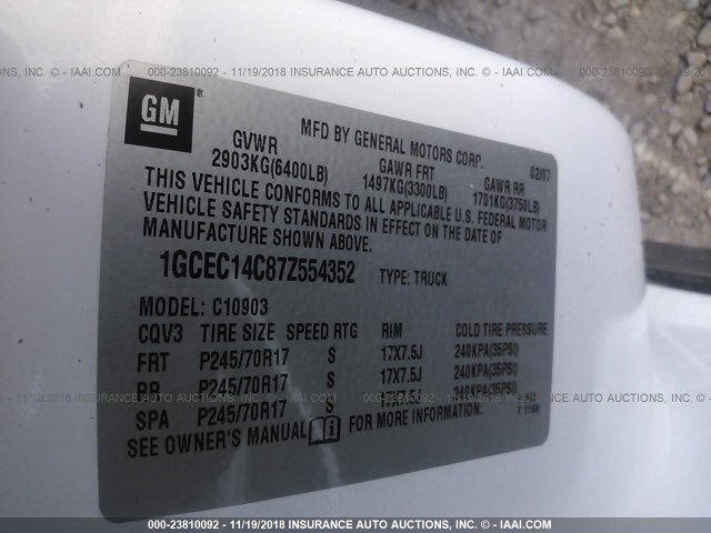 1GCEC14C87Z554352 - 2007 CHEVROLET SILVERADO C1500 WHITE photo 9