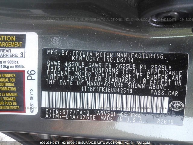 4T1BF1FK4EU842518 - 2014 TOYOTA CAMRY L/SE/LE/XLE GRAY photo 9