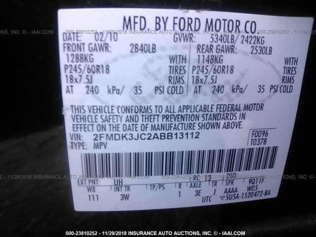 2FMDK3JC2ABB13112 - 2010 FORD EDGE SEL BLACK photo 9