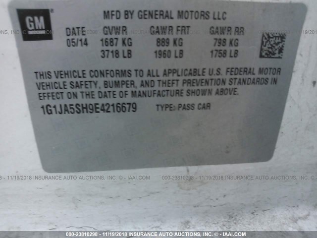 1G1JA5SH9E4216679 - 2014 CHEVROLET SONIC LS WHITE photo 9