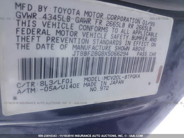 JT8BF28G8X5066294 - 1999 LEXUS ES 300 BLUE photo 9