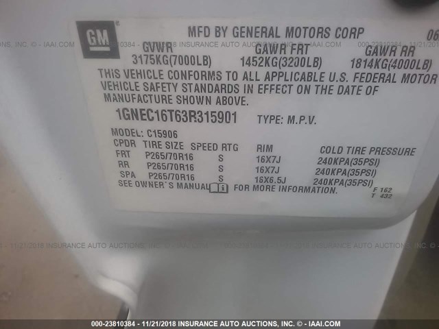 1GNEC16T63R315901 - 2003 CHEVROLET SUBURBAN C1500 WHITE photo 9