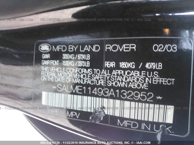 SALME11493A132952 - 2003 LAND ROVER RANGE ROVER HSE BLACK photo 9