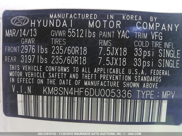 KM8SN4HF6DU005336 - 2013 HYUNDAI SANTA FE GLS WHITE photo 9