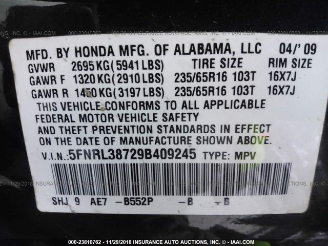 5FNRL38729B409245 - 2009 HONDA ODYSSEY EXL BLUE photo 9