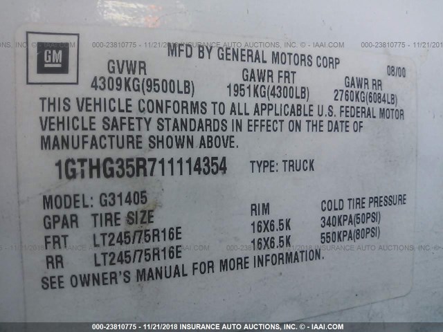 1GTHG35R711114354 - 2001 GMC SAVANA G3500 WHITE photo 9