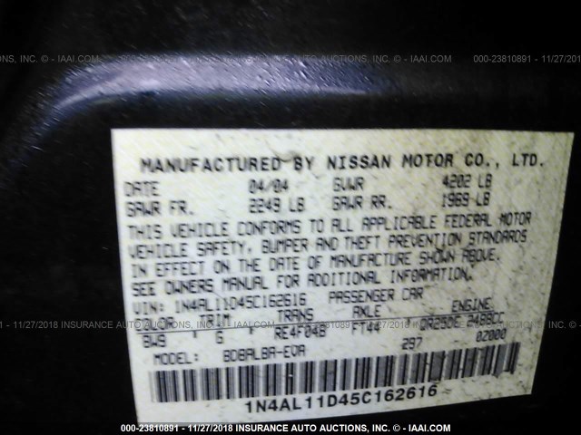 1N4AL11D45C162616 - 2005 NISSAN ALTIMA S/SL BLUE photo 9