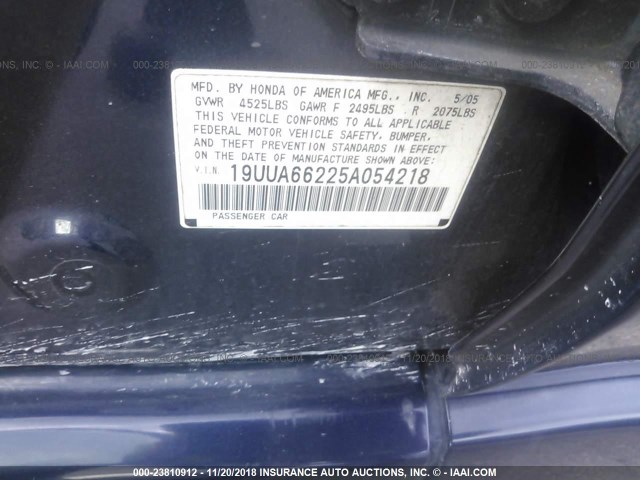 19UUA66225A054218 - 2005 ACURA TL BLUE photo 9