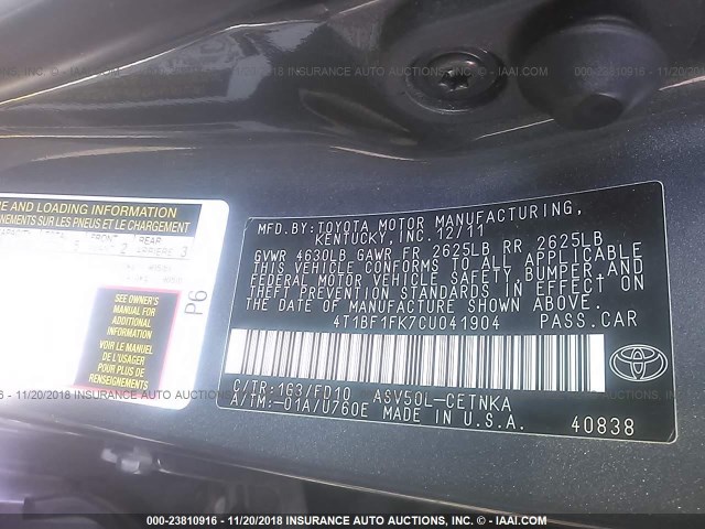 4T1BF1FK7CU041904 - 2012 TOYOTA CAMRY SE/LE/XLE GRAY photo 9