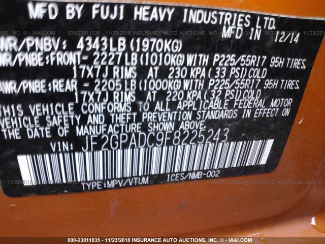 JF2GPADC9F8225243 - 2015 SUBARU XV CROSSTREK 2.0 PREMIUM ORANGE photo 9