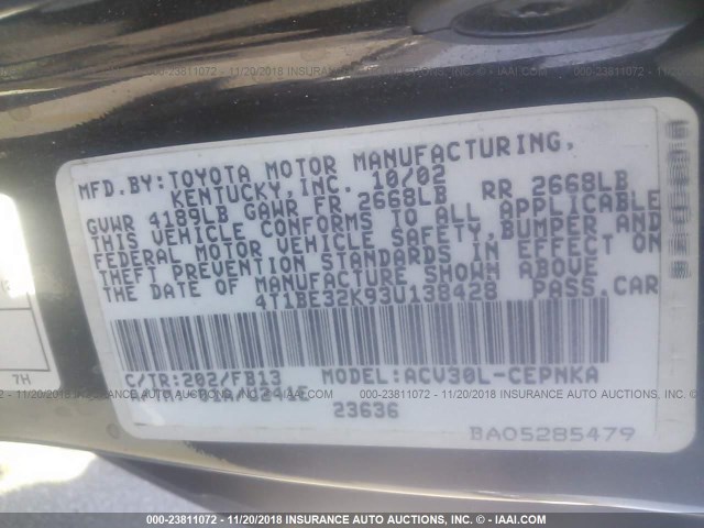 4T1BE32K93U138428 - 2003 TOYOTA CAMRY LE/XLE/SE BLACK photo 9