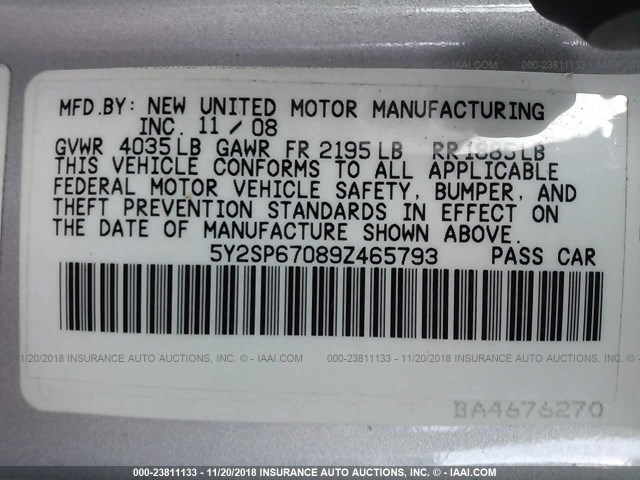 5Y2SP67089Z465793 - 2009 PONTIAC VIBE SILVER photo 9