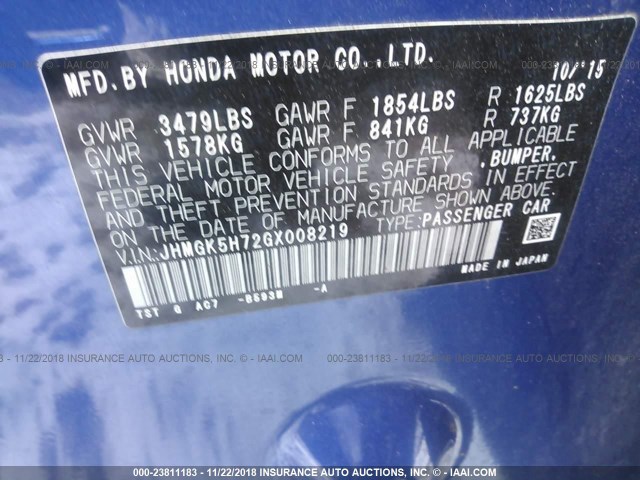 JHMGK5H72GX008219 - 2016 HONDA FIT EX/EXL BLUE photo 9