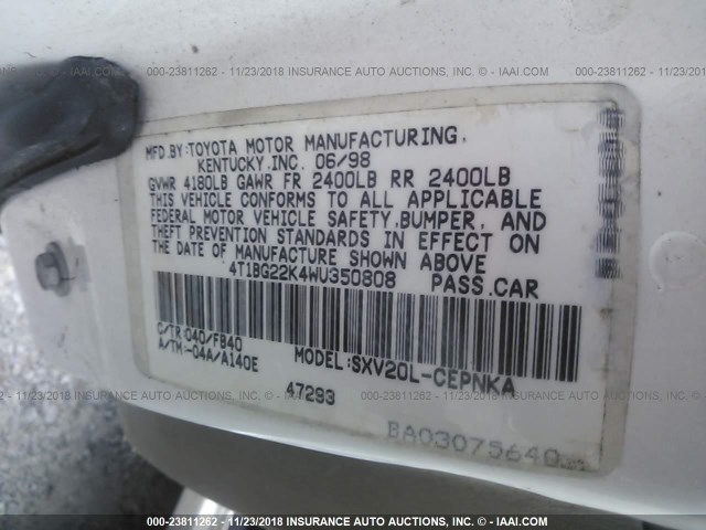 4T1BG22K4WU350808 - 1998 TOYOTA CAMRY CE/LE/XLE WHITE photo 9