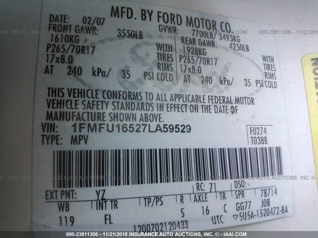 1FMFU16527LA59529 - 2007 FORD EXPEDITION XLT WHITE photo 9