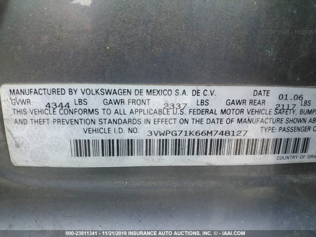 3VWPG71K66M748127 - 2006 VOLKSWAGEN JETTA VALUE GRAY photo 9