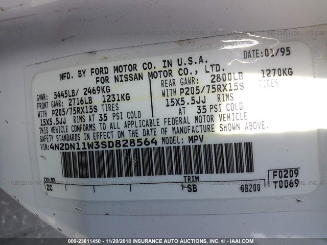 4N2DN11W3SD828564 - 1995 NISSAN QUEST XE/GXE WHITE photo 9