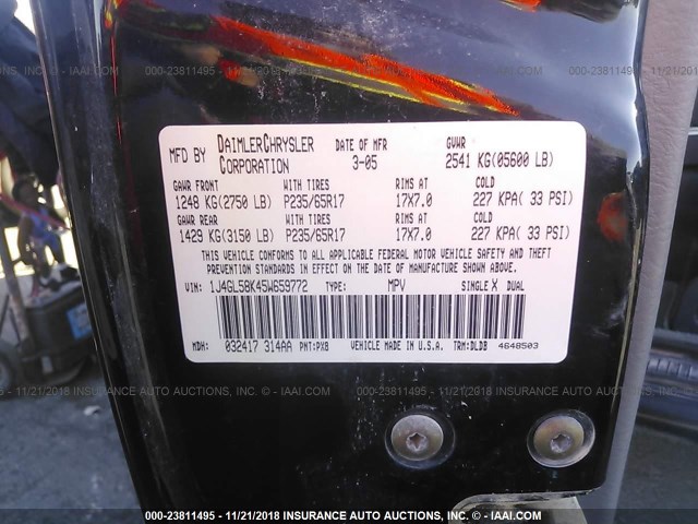 1J4GL58K45W659772 - 2005 JEEP LIBERTY LIMITED BLACK photo 9