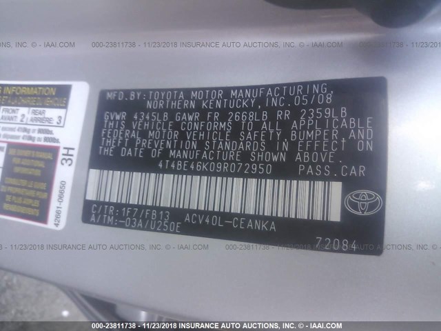 4T4BE46K09R072950 - 2009 TOYOTA CAMRY SE/LE/XLE SILVER photo 9