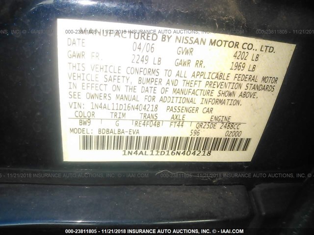 1N4AL11D16N404218 - 2006 NISSAN ALTIMA S/SL Dark Blue photo 9