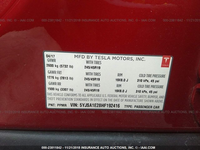 5YJSA1E28HF192416 - 2017 TESLA MODEL S RED photo 9