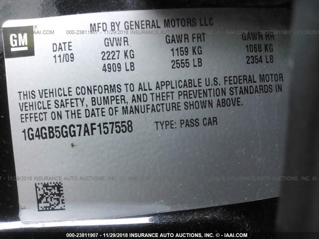 1G4GB5GG7AF157558 - 2010 BUICK LACROSSE CX BLACK photo 9