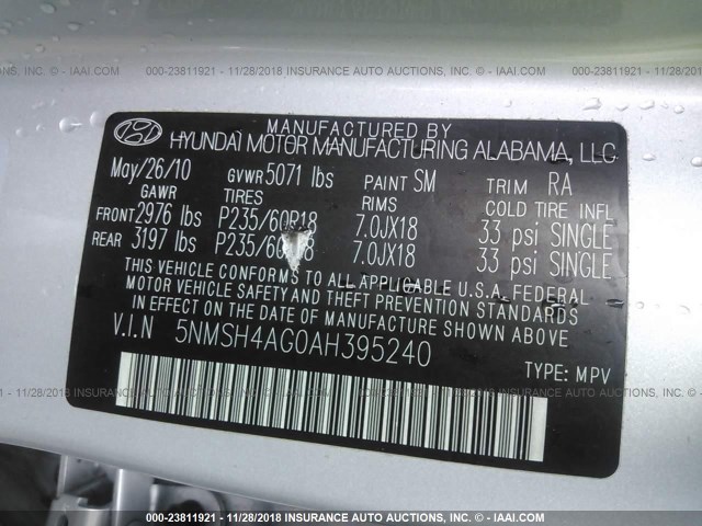 5NMSH4AG0AH395240 - 2010 HYUNDAI SANTA FE SE SILVER photo 9