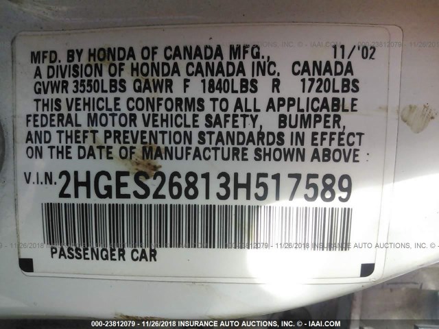 2HGES26813H517589 - 2003 HONDA CIVIC EX WHITE photo 9