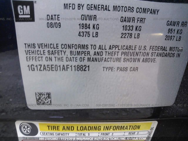 1G1ZA5E01AF118821 - 2010 CHEVROLET MALIBU LS 蓝色 照片 9