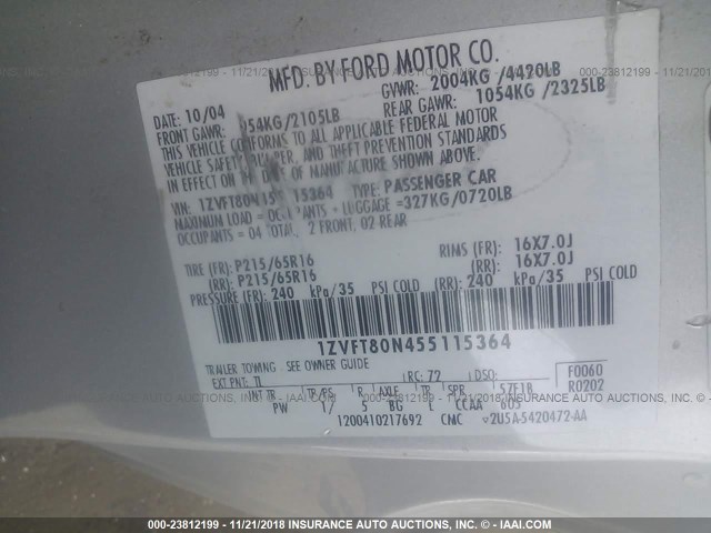 1ZVFT80N455115364 - 2005 FORD MUSTANG SILVER photo 9