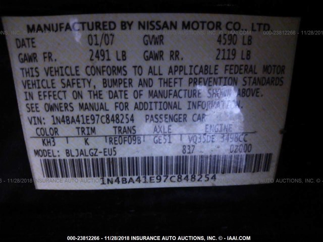 1N4BA41E97C848254 - 2007 NISSAN MAXIMA SE/SL BLACK photo 9