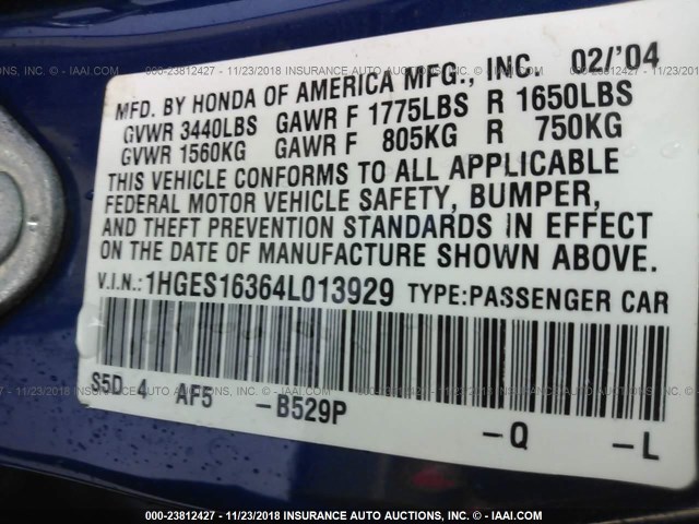 1HGES16364L013929 - 2004 HONDA CIVIC DX VP BLUE photo 9