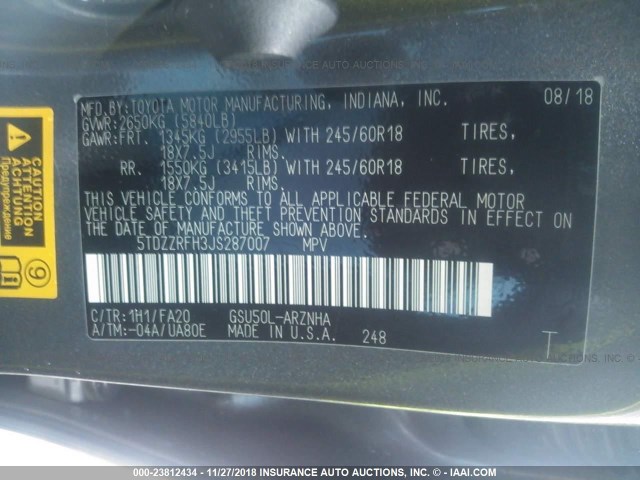 5TDZZRFH3JS287007 - 2018 TOYOTA HIGHLANDER LE/LE PLUS GRAY photo 9