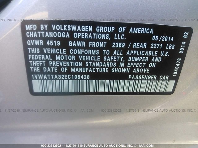 1VWAT7A32EC105428 - 2014 VOLKSWAGEN PASSAT S SILVER photo 9