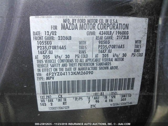 4F2YZ04113KM26090 - 2003 MAZDA TRIBUTE GRAY photo 9