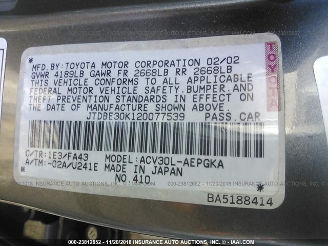 JTDBE30K120077539 - 2002 TOYOTA CAMRY LE/XLE/SE GRAY photo 9