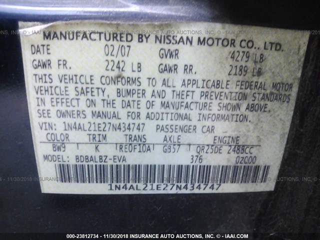 1N4AL21E27N434747 - 2007 NISSAN ALTIMA 2.5/2.5S BLUE photo 9